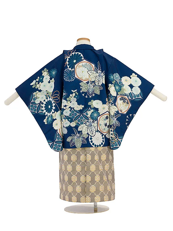 かんたん七五三レンタル(5歳男児) B753 紺 花七宝／金亀甲七宝つなぎ袴