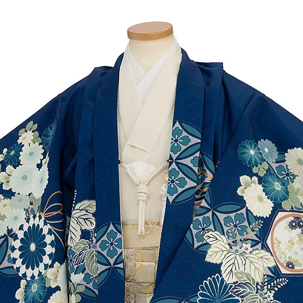 かんたん七五三レンタル(5歳男児) B753 紺 花七宝／金亀甲七宝つなぎ袴