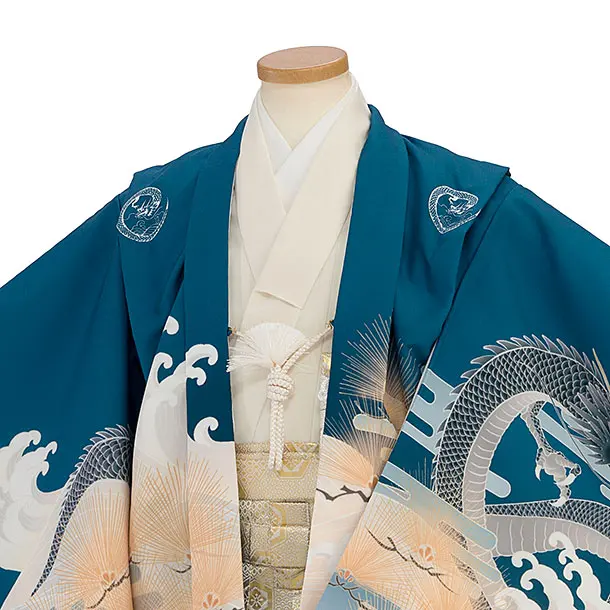 かんたん七五三レンタル(5歳男児) B754 青緑 梅に龍／金亀甲七宝つなぎ袴