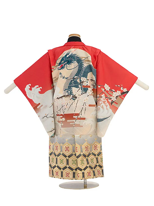 かんたん七五三レンタル(5歳男児) B756 朱赤 梅に龍／金黒亀甲袴