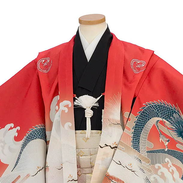 かんたん七五三レンタル(5歳男児) B756 朱赤 梅に龍／金黒亀甲袴