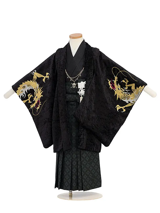 七五三レンタル(5歳男児) C052 黒ベルベット 龍 ／黒七宝袴
