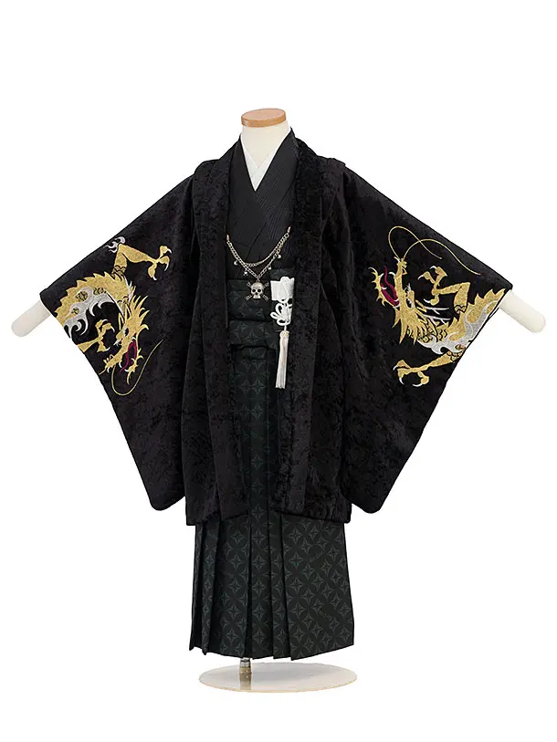 七五三レンタル(5歳男児) C052 黒ベルベット 龍 ／黒七宝袴