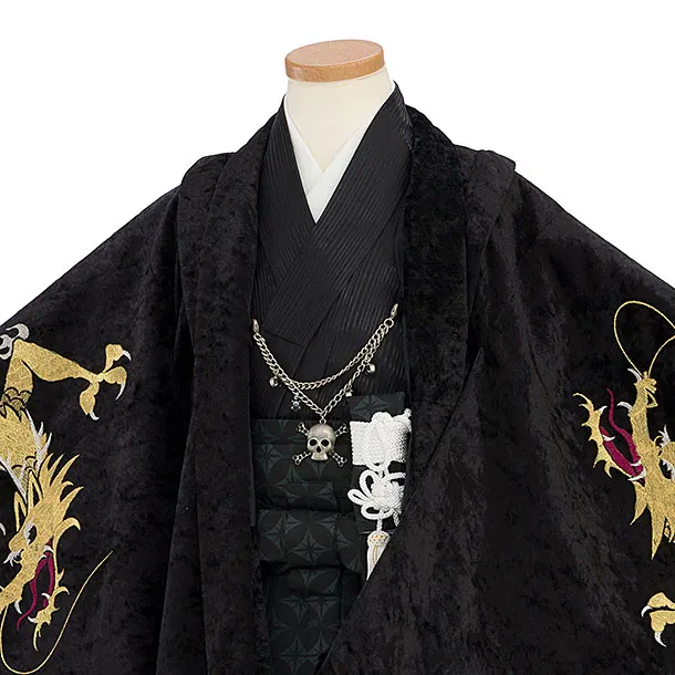 七五三レンタル(5歳男児) C052 黒ベルベット 龍 ／黒七宝袴