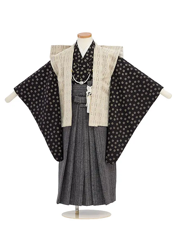 七五三レンタル(5歳6歳男児) C053 ベージュ 陣羽織／黒斜縞袴