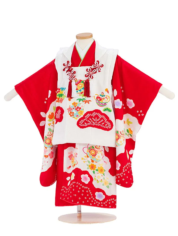 【正絹】七五三(3歳女児被布) 0108 白 桜まり×赤 梅橘