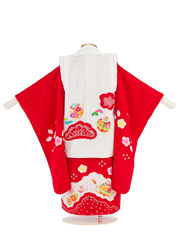 【正絹】七五三(3歳女児被布) 0108 白 桜まり×赤 梅橘