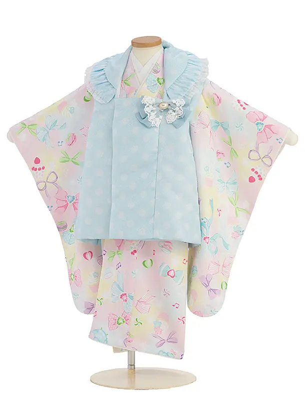 七五三(3歳女児)0150 PitaPita／水色 ドット×淡いピンク リボン