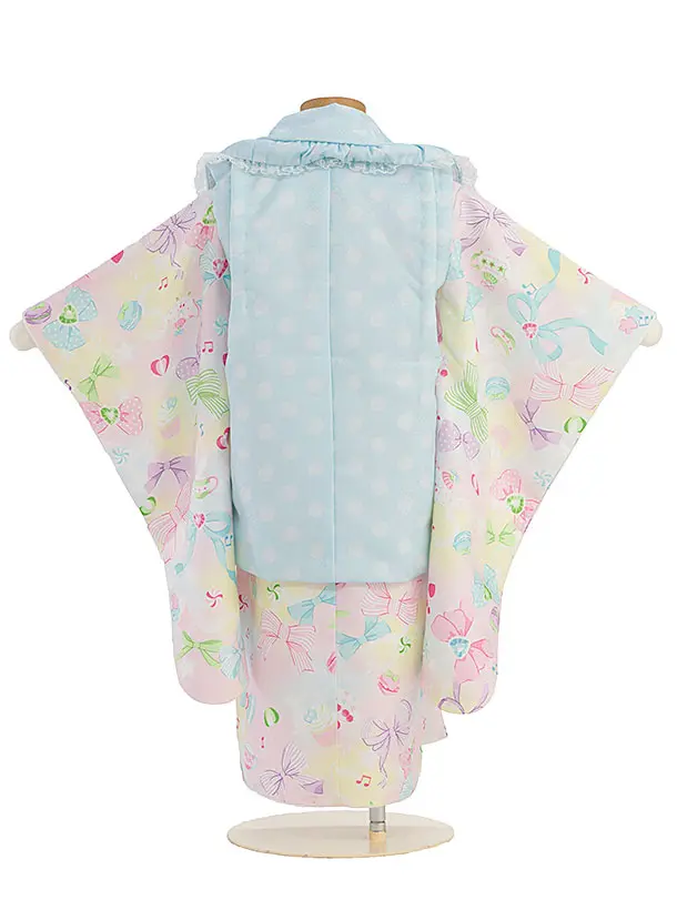 七五三(3歳女児)0150 PitaPita／水色 ドット×淡いピンク リボン