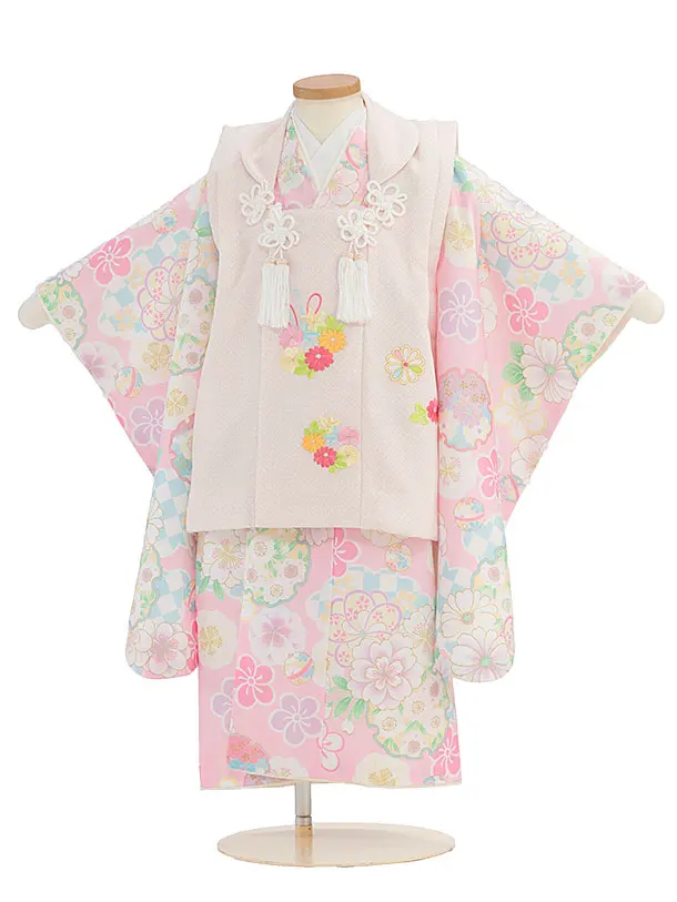 七五三レンタル(3歳女児被布) 0156 淡ピンクベージュ 花丸×ピンク 花雪輪