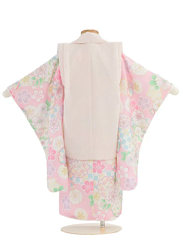 七五三レンタル(3歳女児被布) 0156 淡ピンクベージュ 花丸×ピンク 花雪輪