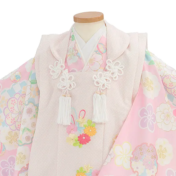 七五三レンタル(3歳女児被布) 0156 淡ピンクベージュ 花丸×ピンク 花雪輪