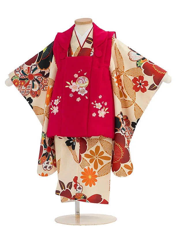 七五三レンタル(3歳女児被布) 0162 赤×クリーム 花七宝