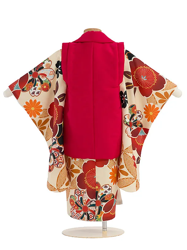 七五三レンタル(3歳女児被布) 0162 赤×クリーム 花七宝