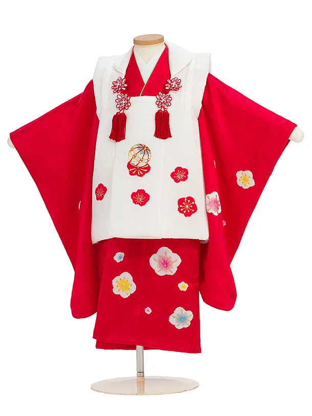 【正絹】七五三レンタル(3歳女児被布) 0167 白×赤 梅桜
