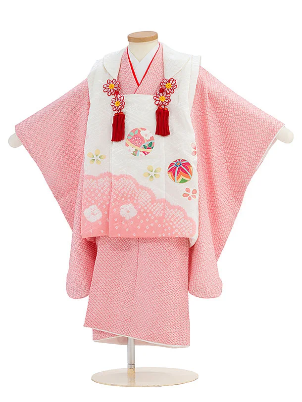 【正絹】七五三レンタル(3歳女児被布) 0171 白×ピンク 絞り
