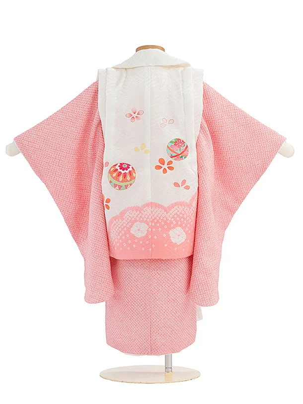 【正絹】七五三レンタル(3歳女児被布) 0171 白×ピンク 絞り