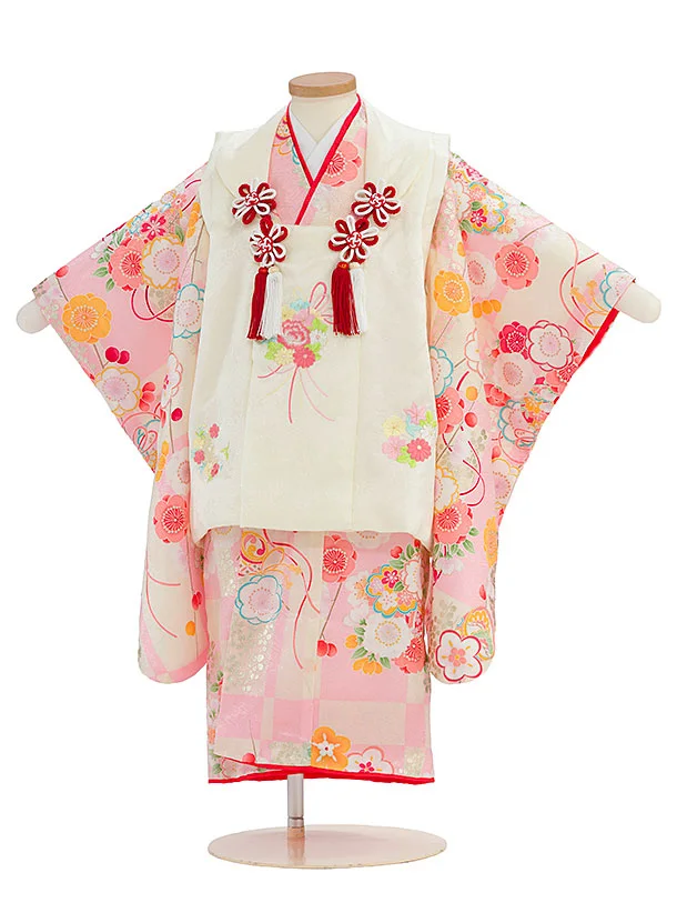 【正絹】七五三レンタル(3歳女児被布)0172 クリーム×クリームピンク 市松花