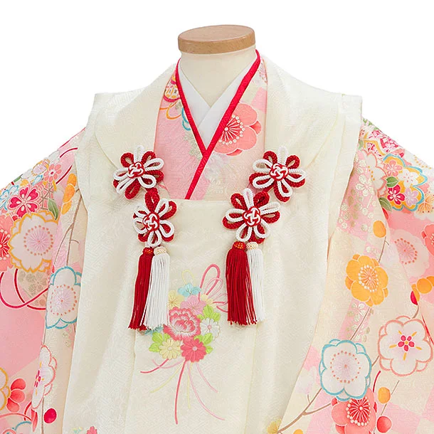 【正絹】七五三レンタル(3歳女児被布)0172 クリーム×クリームピンク 市松花