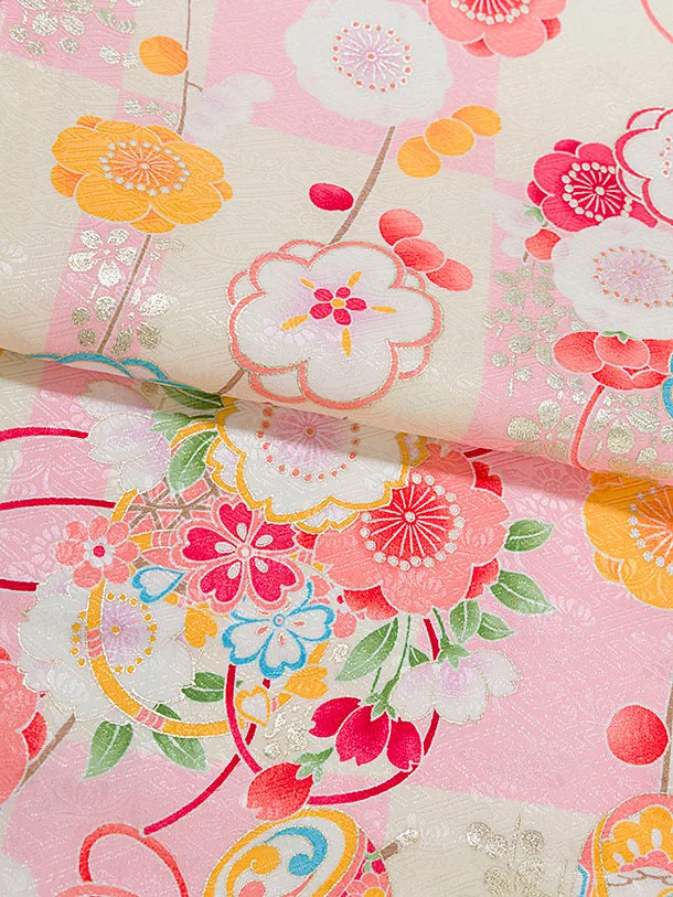 【正絹】七五三レンタル(3歳女児被布)0172 クリーム×クリームピンク 市松花