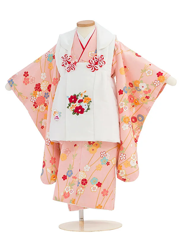 七五三レンタル(3歳女児被布) 0179 白×ピンク 小花
