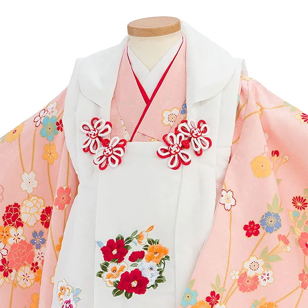 七五三レンタル(3歳女児被布) 0179 白×ピンク 小花