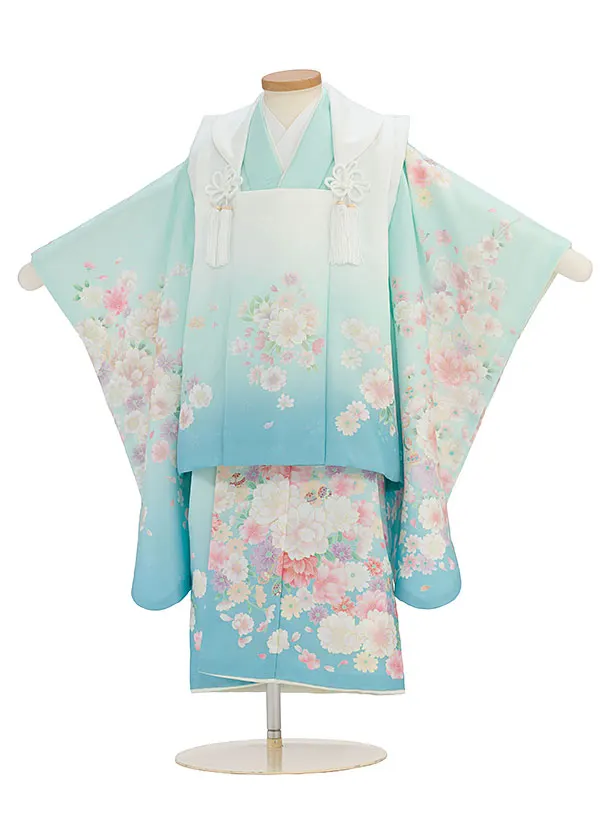 七五三レンタル(3歳女児被布) 0192 白×水色／水色ぼかし 花鈴