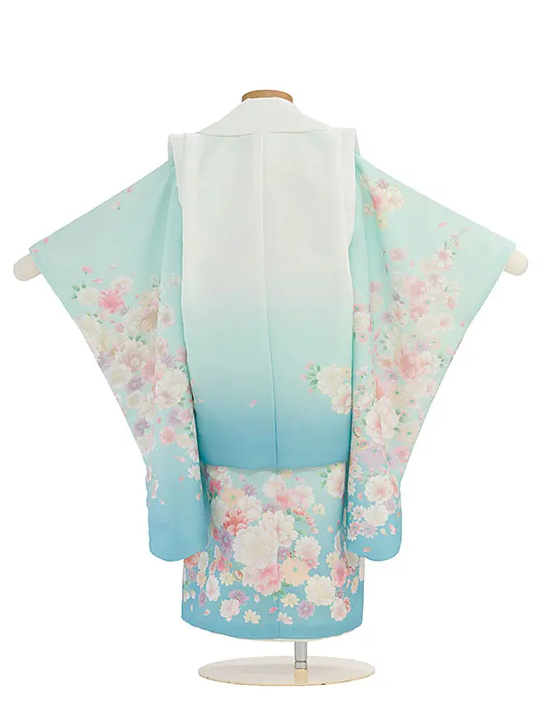 七五三レンタル(3歳女児被布) 0192 白×水色／水色ぼかし 花鈴