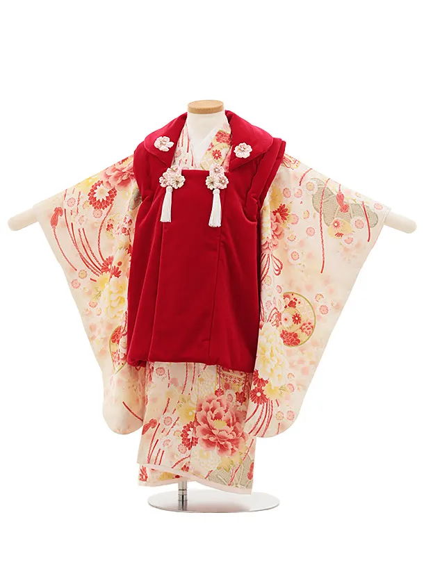 七五三レンタル(3歳女児被布) 0194 華徒然／赤 ベルベット×クリーム 薬玉