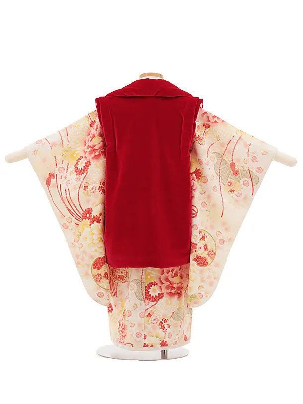 七五三レンタル(3歳女児被布) 0194 華徒然／赤 ベルベット×クリーム 薬玉