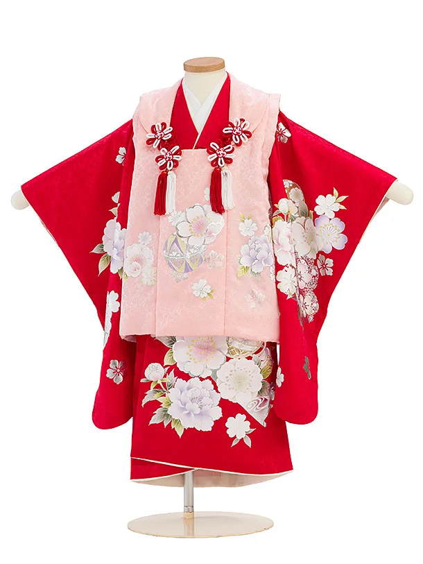 【正絹】七五三レンタル(3歳女児被布) 0196【ようよう】ピンク×赤 桜まり