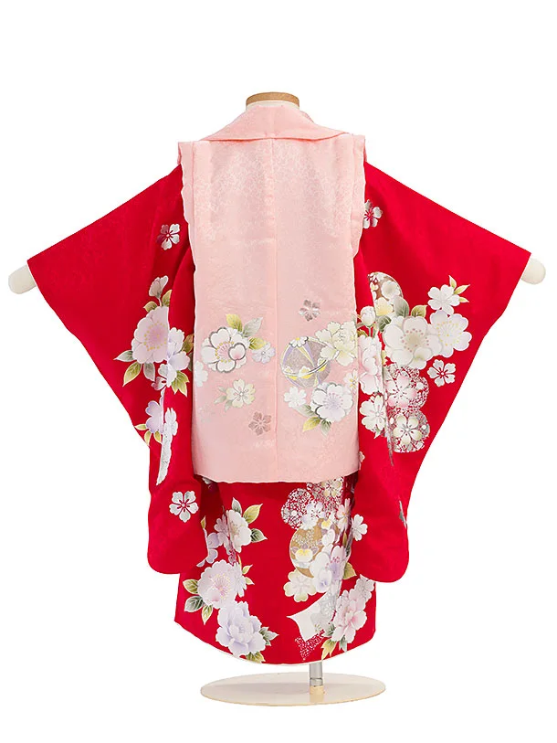 【正絹】七五三レンタル(3歳女児被布) 0196【ようよう】ピンク×赤 桜まり