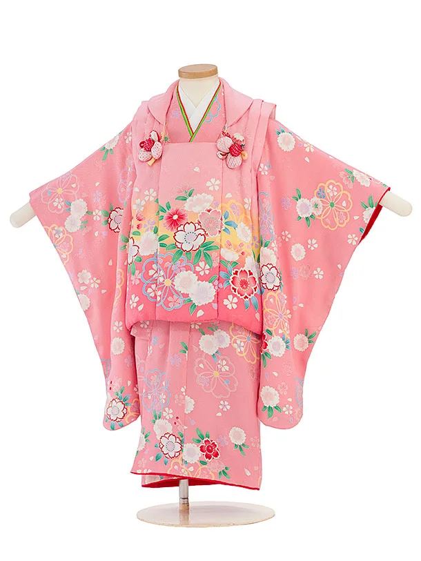 【正絹】七五三レンタル(3歳女児被布) 0207 ピンク×ピンク 桜