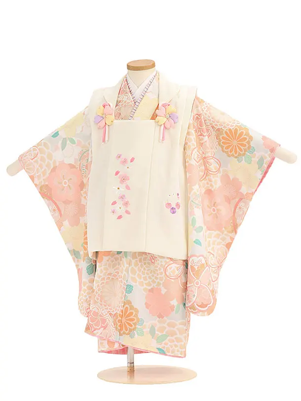 七五三レンタル(3歳女児被布) 0211 クリーム×薄グレー 桜菊梅