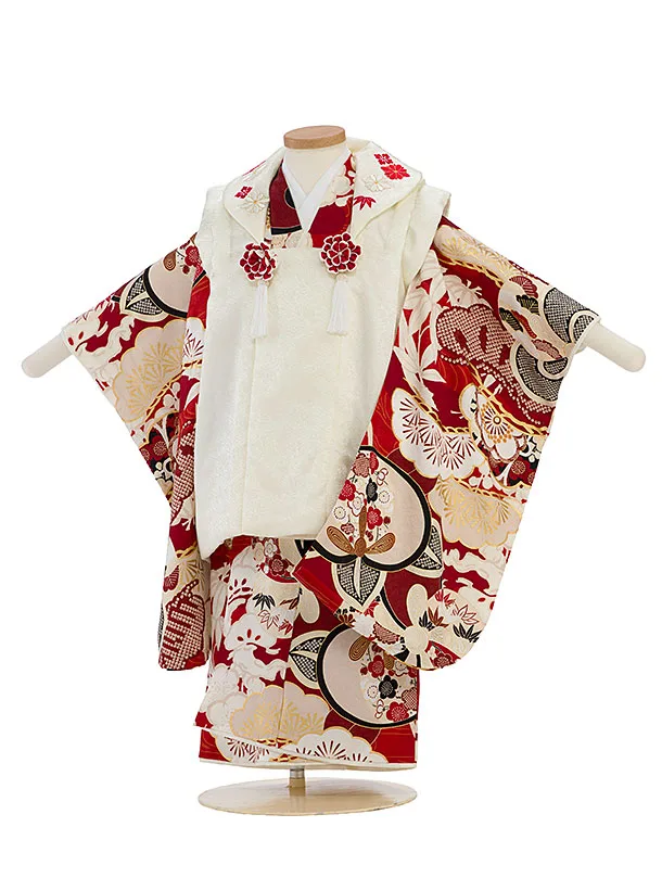 【正絹】七五三レンタル(3歳女児被布)0215 紅一点／クリーム×赤 ねじり梅橘
