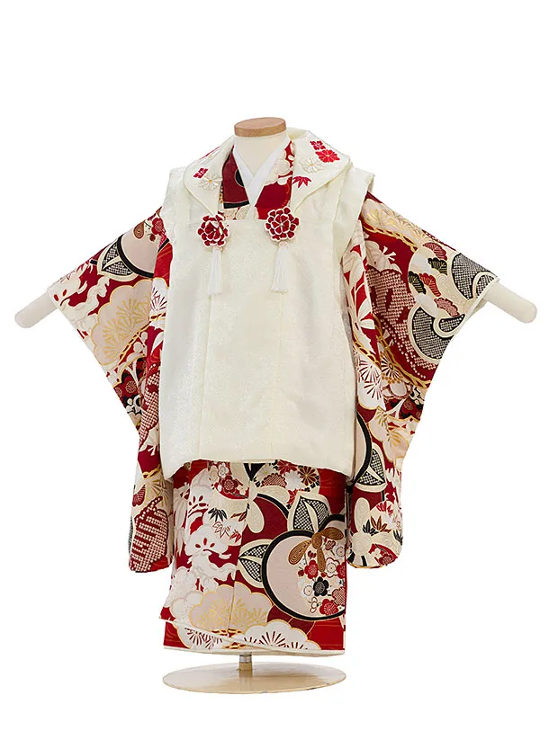 【正絹】七五三レンタル(3歳女児被布)0215 紅一点／クリーム×赤 ねじり梅橘