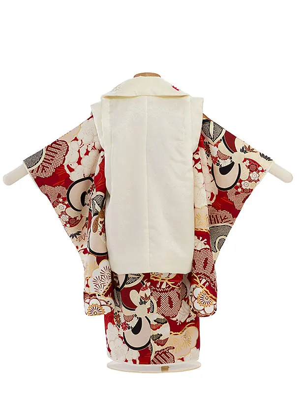 【正絹】七五三レンタル(3歳女児被布)0215 紅一点／クリーム×赤 ねじり梅橘