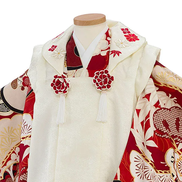 【正絹】七五三レンタル(3歳女児被布)0215 紅一点／クリーム×赤 ねじり梅橘