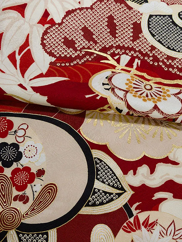 【正絹】七五三レンタル(3歳女児被布)0215 紅一点／クリーム×赤 ねじり梅橘