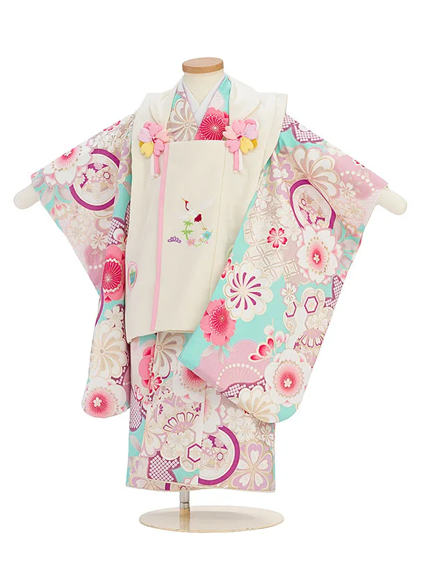 七五三レンタル(3歳女児被布) 0216 オフホワイト×水色 花華