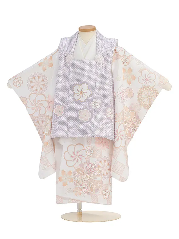 七五三レンタル(3歳女児被布) 0220 くすみパープル×白 花市松