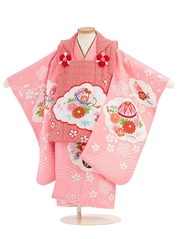 七五三レンタル(3歳女児被布) 0225 朱赤×ピンク 花まり