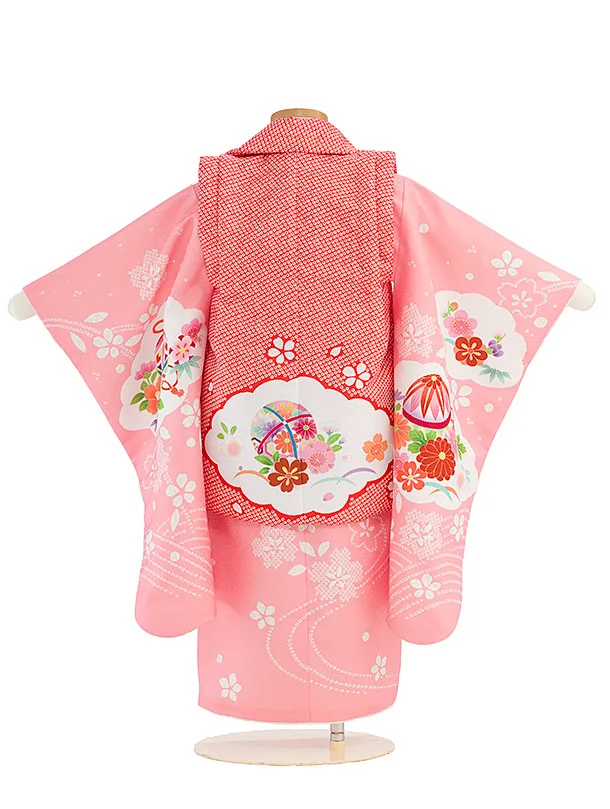 七五三レンタル(3歳女児被布) 0225 朱赤×ピンク 花まり