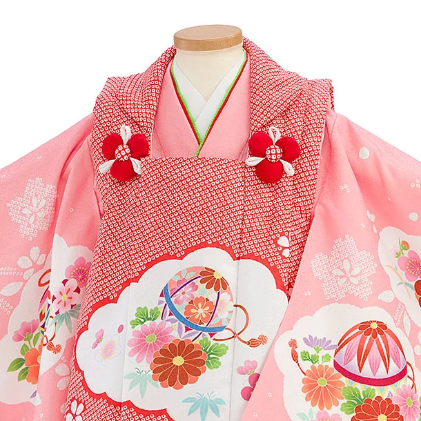 七五三レンタル(3歳女児被布) 0225 朱赤×ピンク 花まり