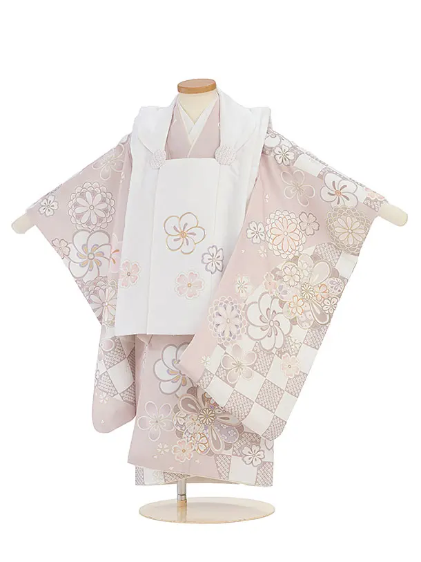 七五三レンタル(3歳女児被布) 0228 白×ピンクベージュ 花市松