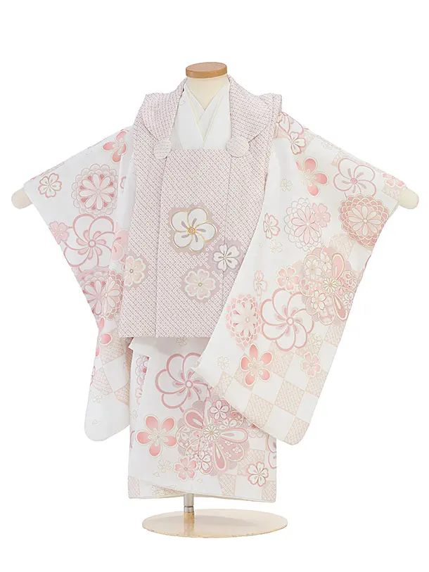七五三レンタル(3歳女児被布) 0229 ピンクベージュ×白 花市松