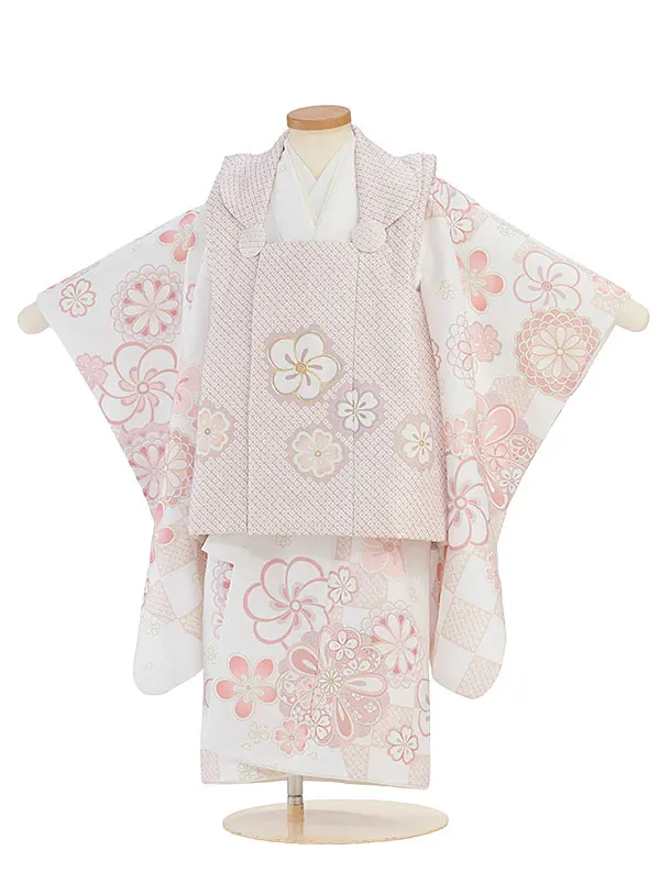 七五三レンタル(3歳女児被布) 0229 ピンクベージュ×白 花市松