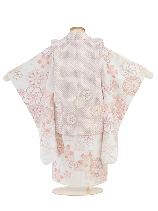 七五三レンタル(3歳女児被布) 0229 ピンクベージュ×白 花市松
