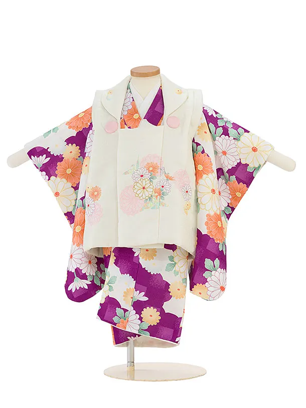 七五三レンタル(2歳女児被布) 0237 クリーム×パープル 雲取りに菊