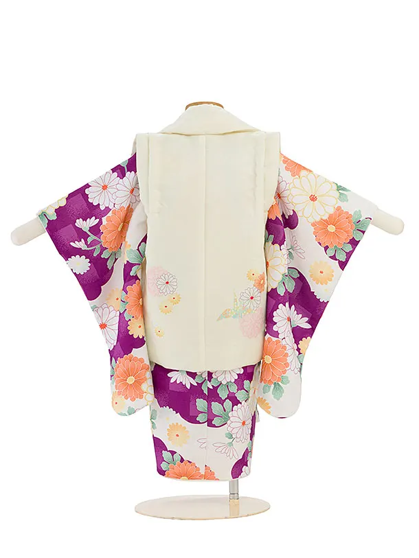 七五三レンタル(2歳女児被布) 0237 クリーム×パープル 雲取りに菊